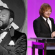Marvin Gaye with his Grammy Award for Rhythm & Blues Male Vocalist at the 25th annual Grammy Awards; Ed Sheeran accepts the award for Best Pop Solo Performance for “Thinking Out Loud” at the 58th annual Grammy Awards.